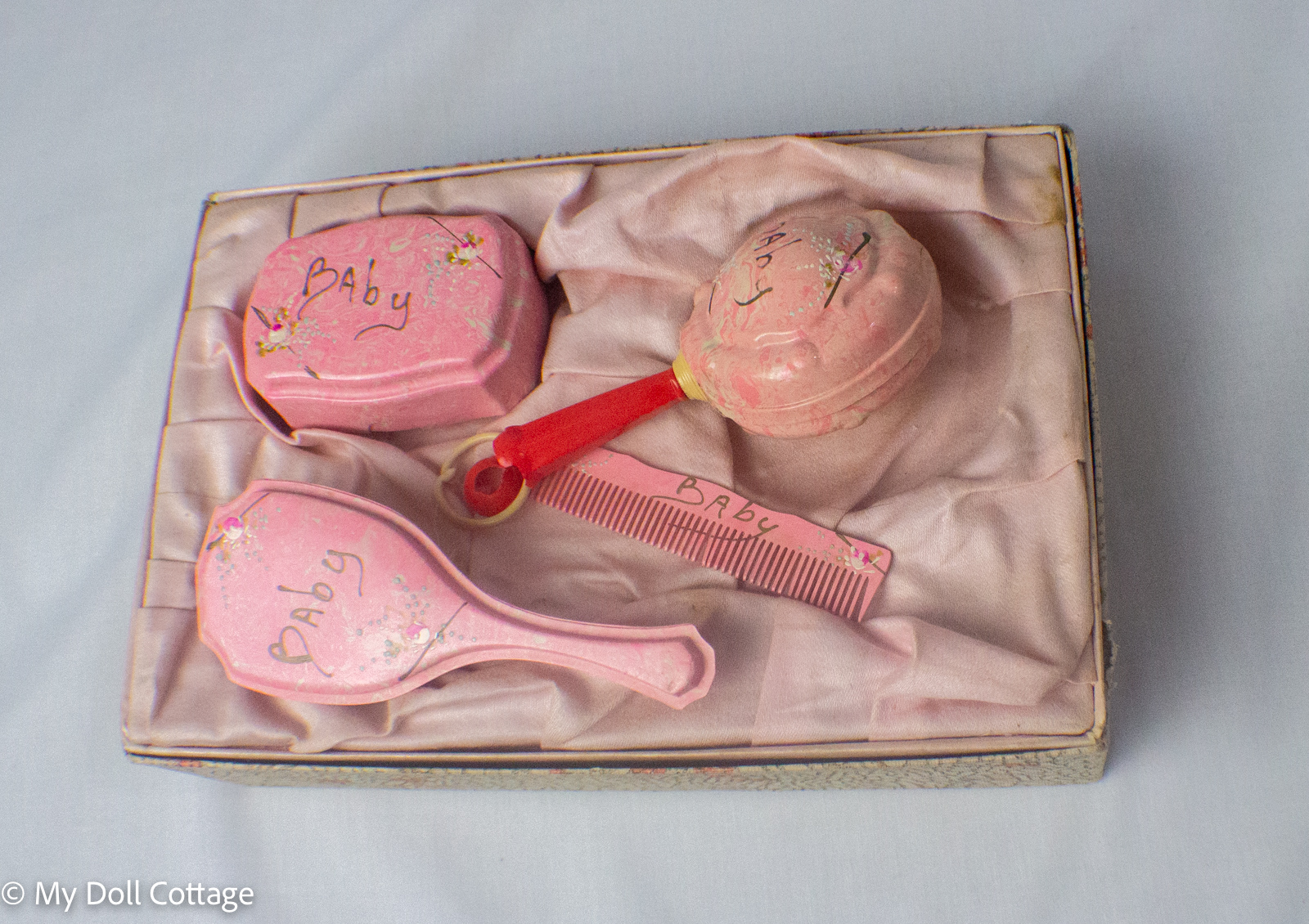 c.1920–1930 Pink Celluloid Baby Vanity Set in Original Presentation Box