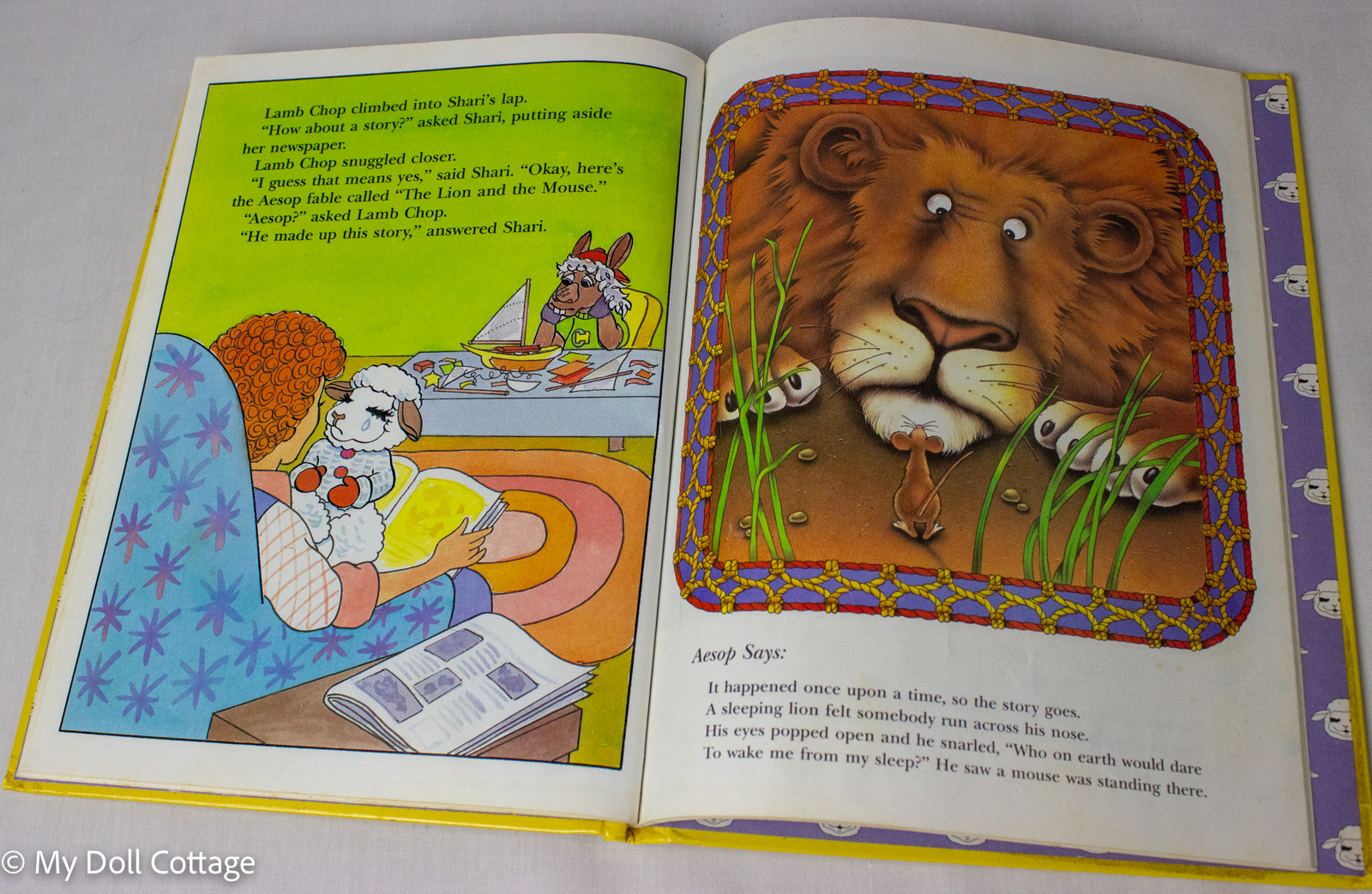 •	Interior pages featuring Lamb Chop introducing Aesop's The Lion and the Mouse.
