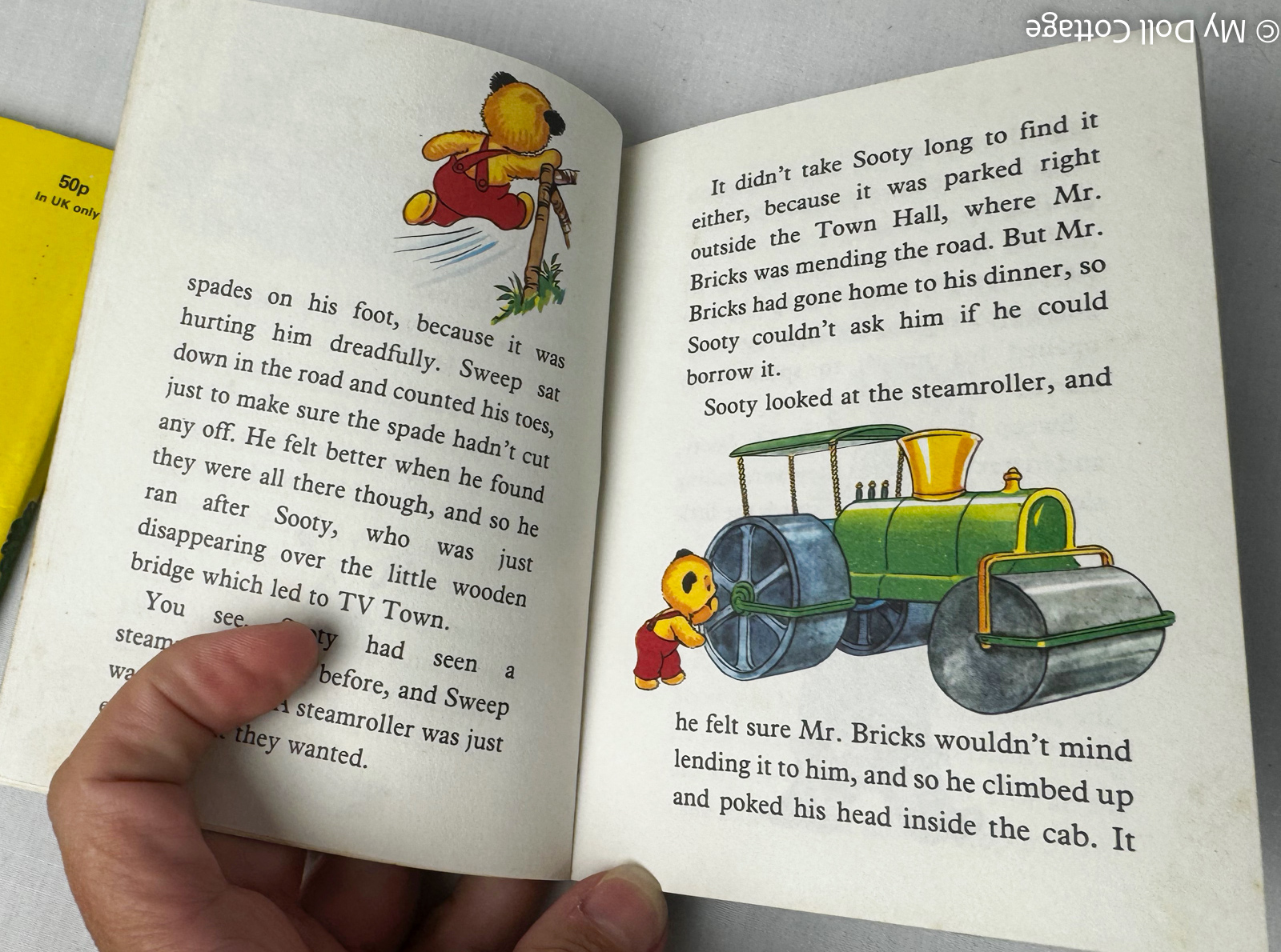 Front covers of two 1982 Purnell Playmates books, Sooty’s Adventures and Sooty’s Caravan, featuring colourful illustrations of Sooty, Sweep and other characters.