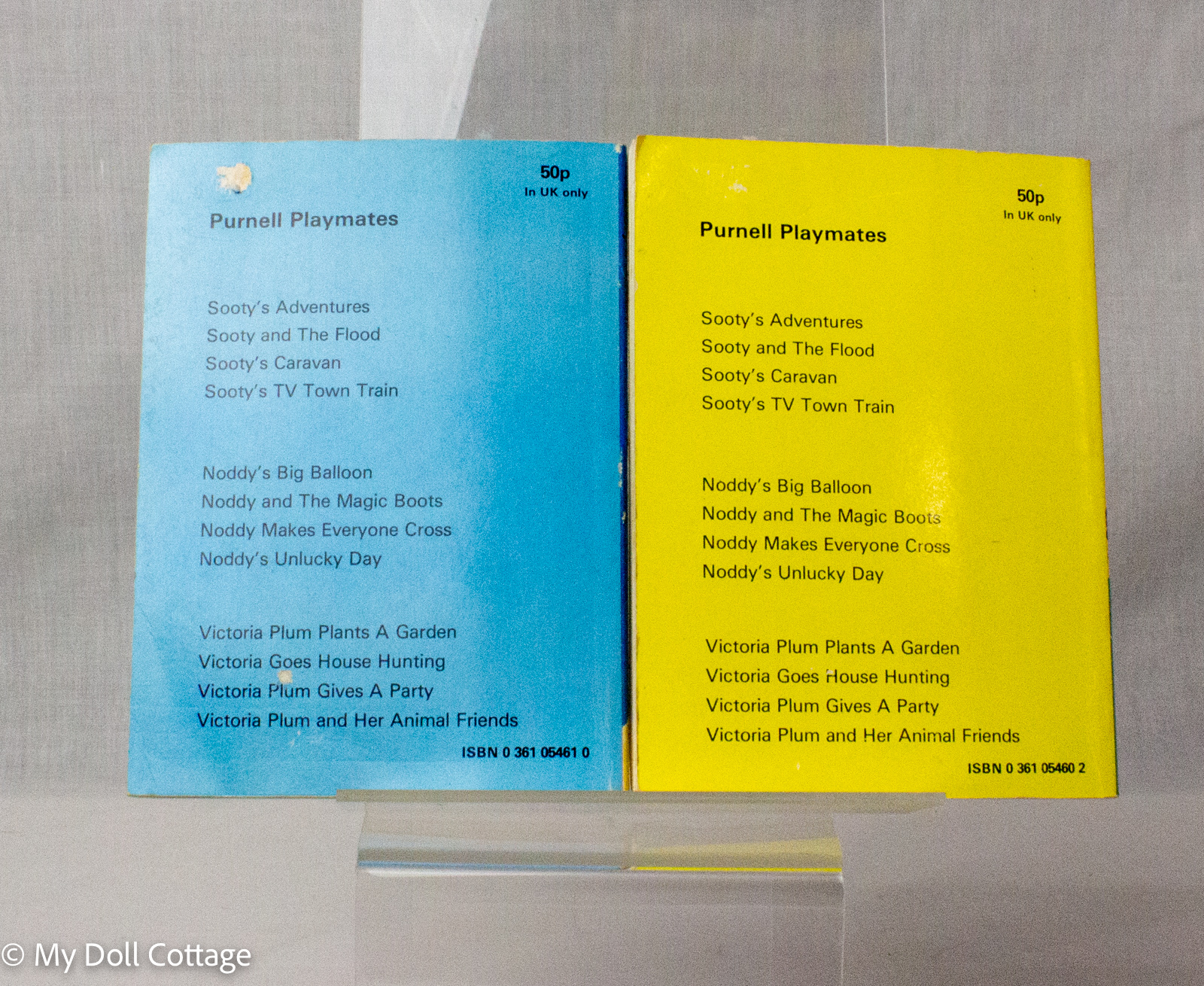 Back covers of the 1982 Purnell Playmates Sooty’s Adventures and Sooty’s Caravan books showing the original UK price of 50p, ISBN numbers and list of other Purnell Playmates titles.