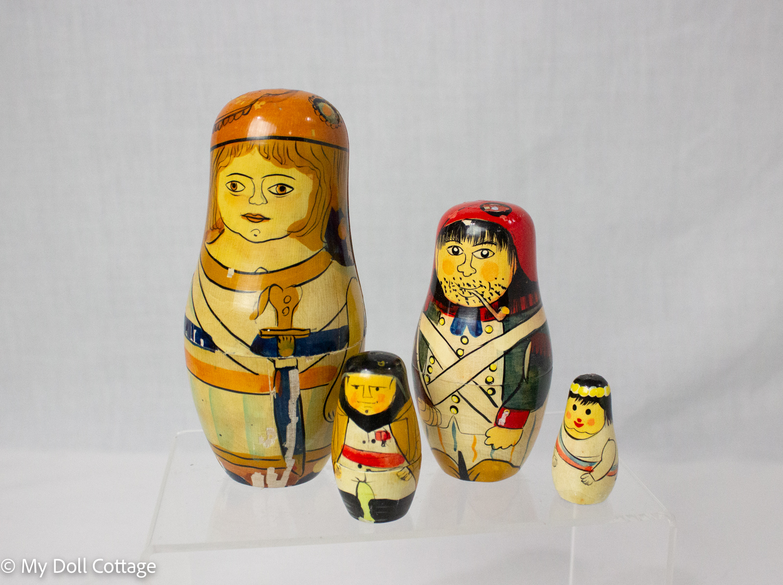 c.1950s–1970s Hand-Painted Wooden Character Matryoshka Nesting Dolls – Russia/USSR