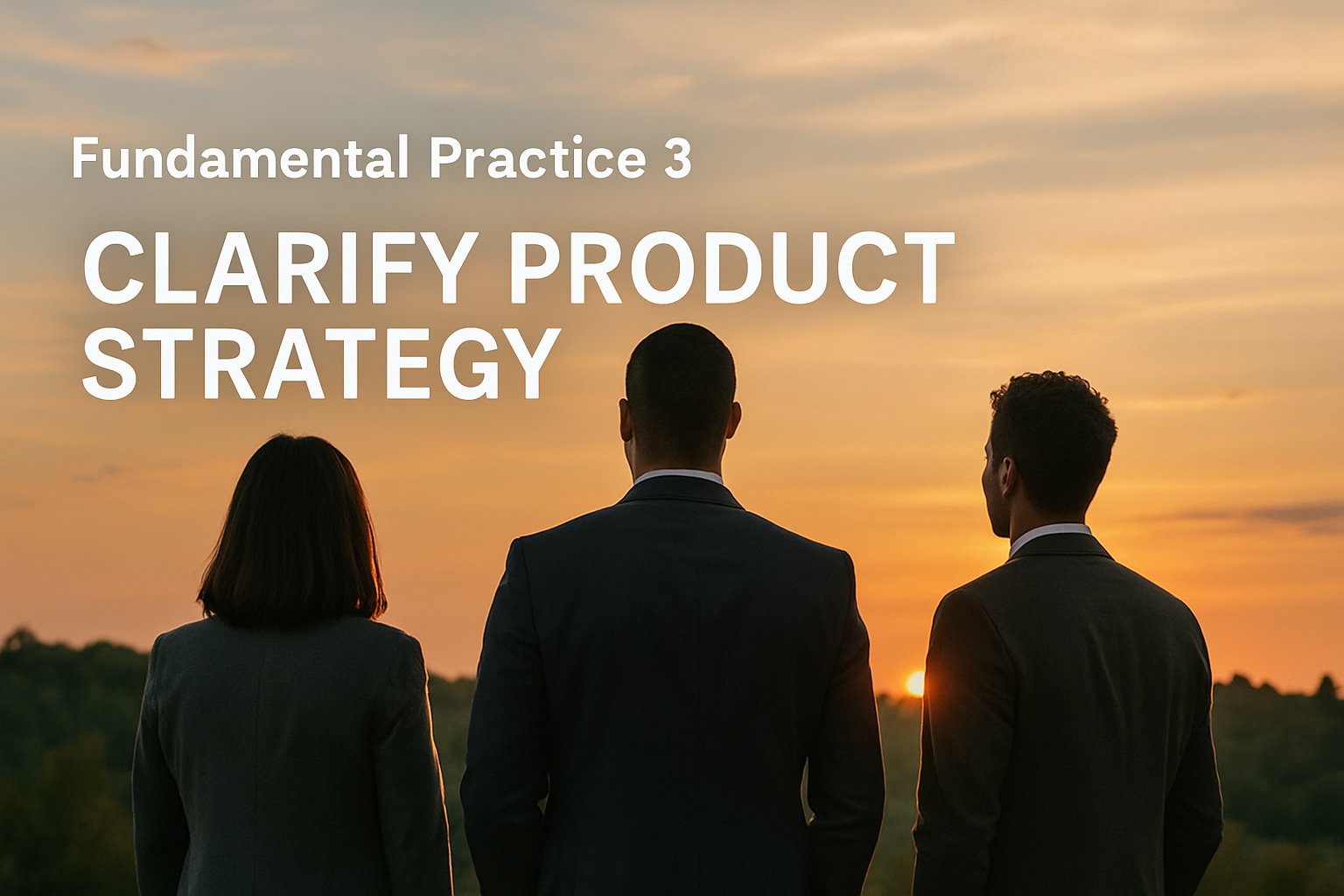 Three people in suits looking out distantly to a setting sun