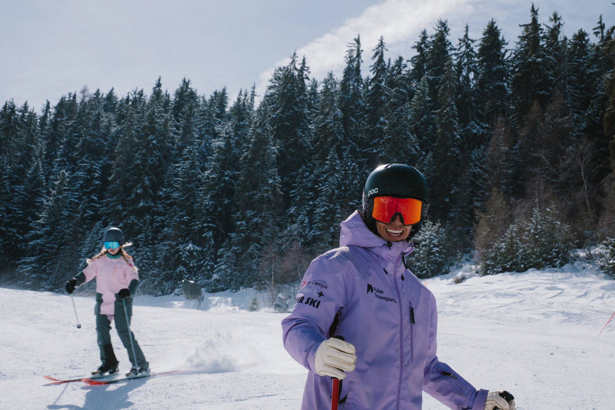 Pulse Snowsports instructor coaching a client during a private ski lesson in Verbier.