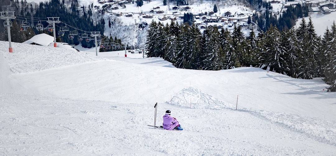 Panoramic view of Morzine village surrounded by the Portes du Soleil mountains during the winter ski season.
