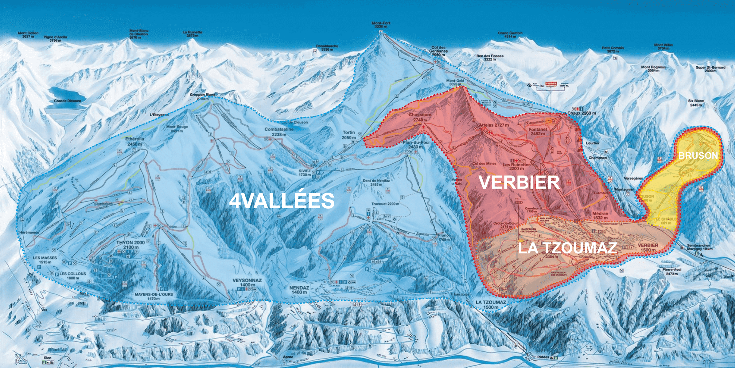 Ski map showing the different zones of the 4 Vallées ski area in Switzerland.