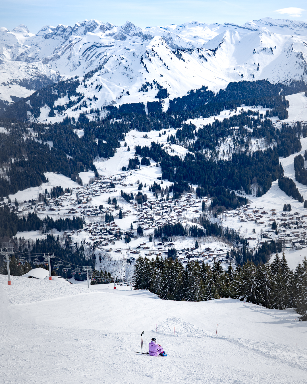 Panoramic view across the snow-covered mountains of the Portes du Soleil on a clear winter's day.