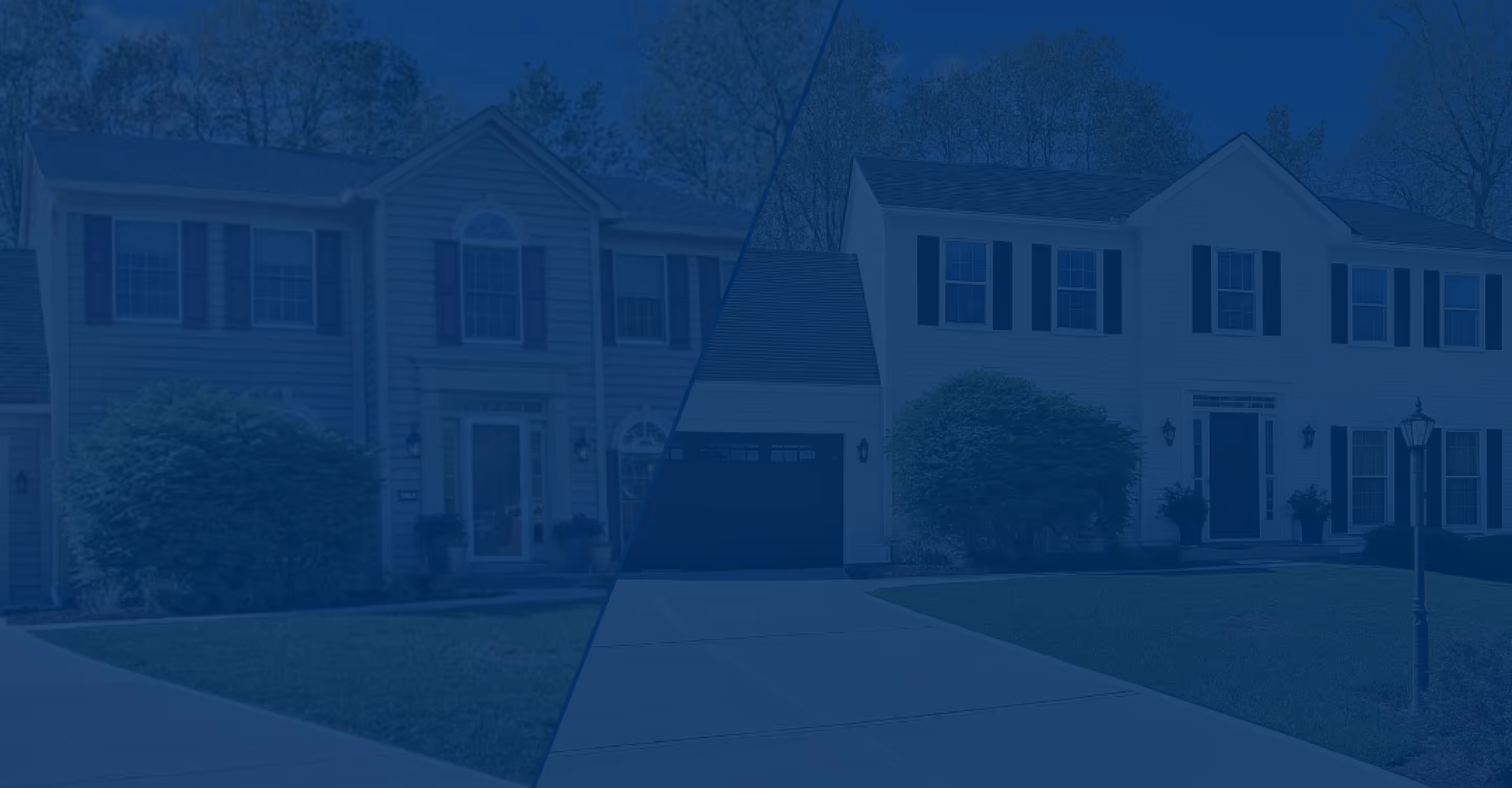 Two suburban houses with garages, neatly trimmed bushes, and driveways under daylight.