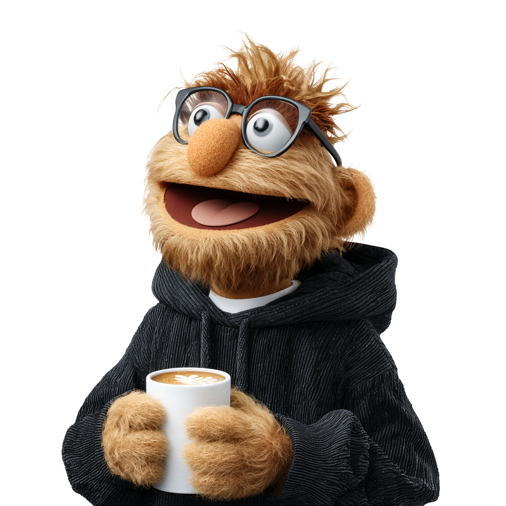 Marionnette souriante aux cheveux en bataille, portant des lunettes et un sweat à capuche noir, tenant une tasse de café latte.