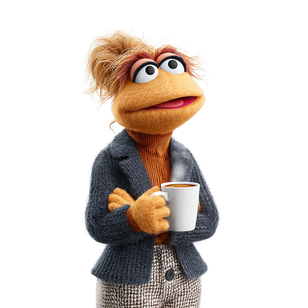 Personnage marionnette avec cheveux ébouriffés, portant un pull orange, une veste grise, un pantalon à carreaux et tenant une tasse de café fumant.