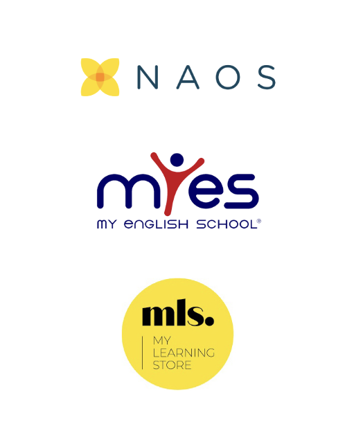 Logos de NAOS avec un symbole floral jaune, My English School avec une figure humaine rouge intégrée dans le texte, et My Learning Store en noir sur un cercle jaune.
