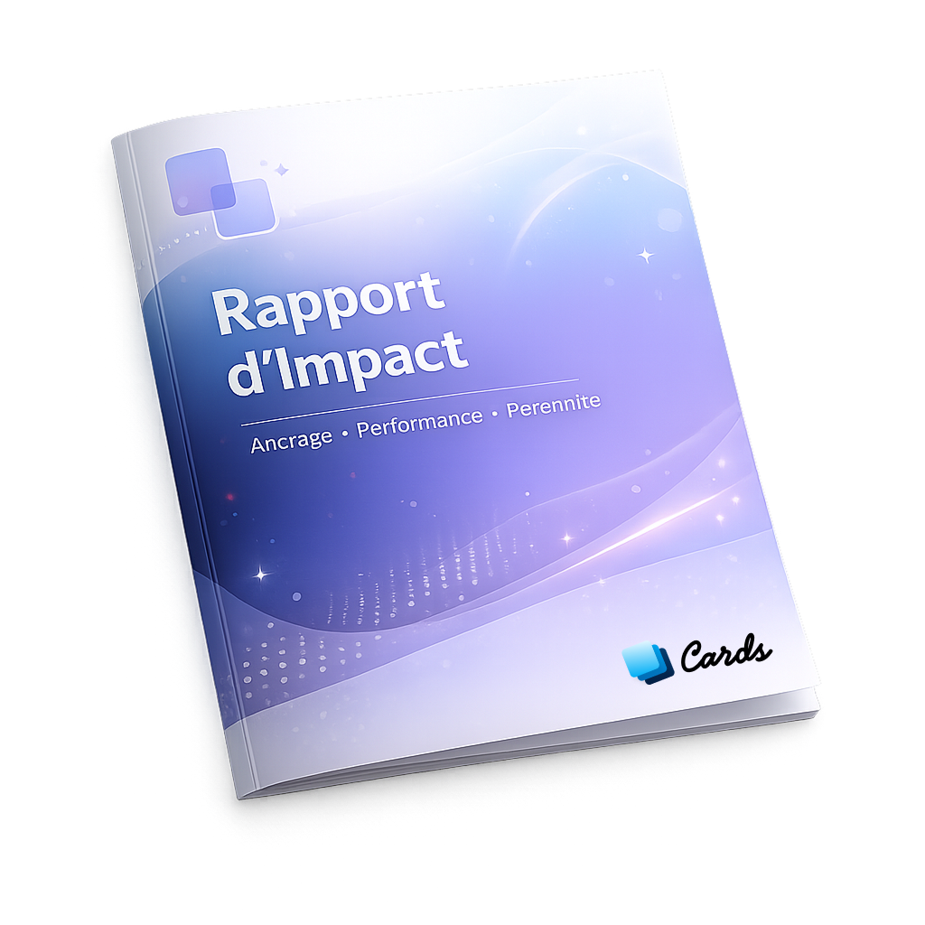 Couverture d'un rapport intitulé Rapport d'Impact avec les mots Ancrage, Performance, Pérennité et le logo Cards.