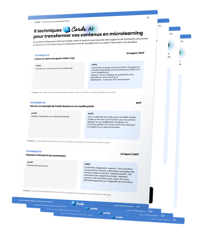 Mockup du guide 6 techniques IA Cards pour transformer vos contenus en microlearning, PDF de 4 pages