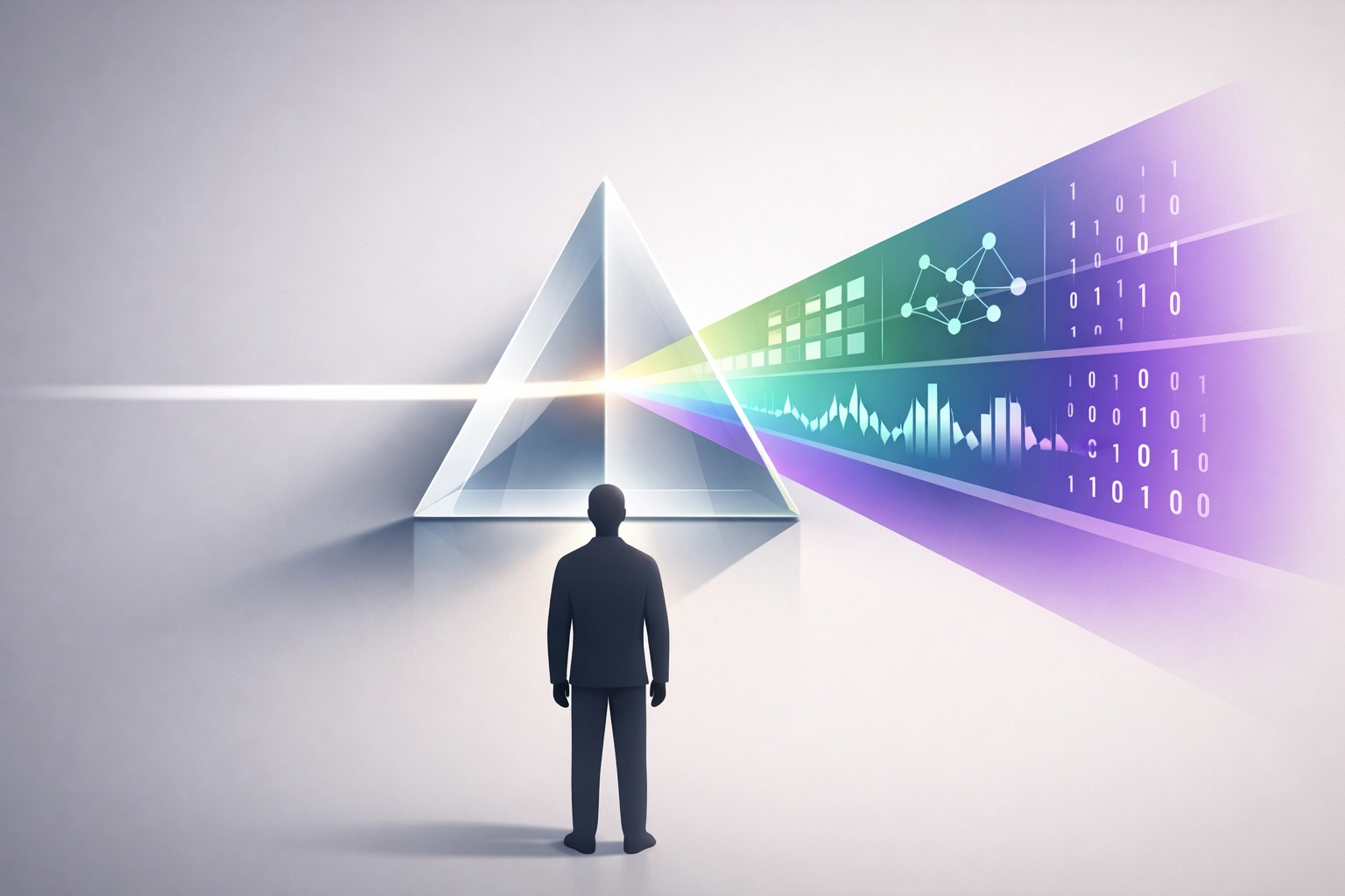 A beam of light refracting through a prism into data signals, symbolizing deep hiring intelligence.