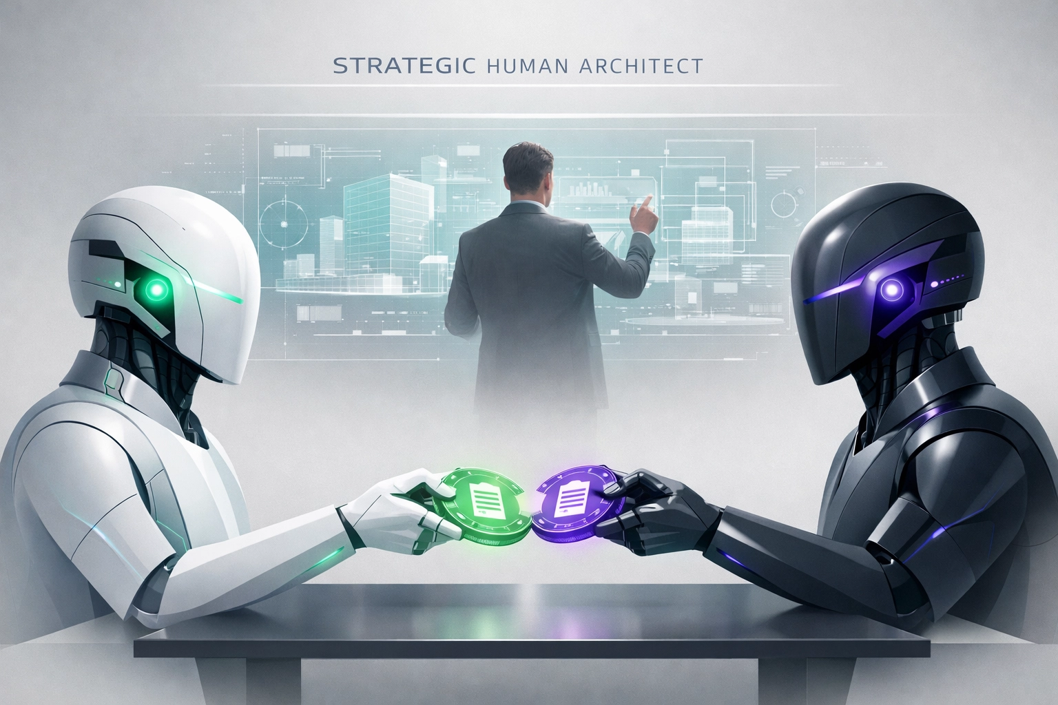 Futuristic AI-to-AI negotiation with a Strategic Human Architect overseeing policy design.