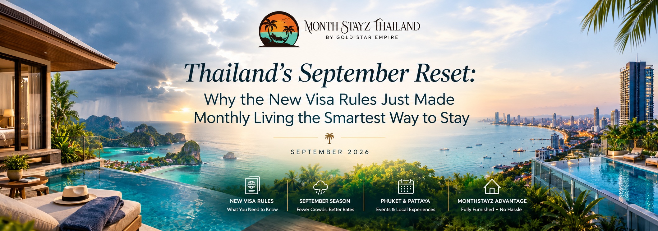 Thailand has swapped its 60-day visa exemption for a 30-day rule, but the Destination Thailand Visa (DTV) and LTR visa keep long stays simple for travelers who plan ahead. September also brings quieter beaches, better rates, and a lush, green side of Phuket and Pattaya that high season never shows. With private pool villas in Phuket and beachfront high-rises in Pattaya, Monthstayz makes settling in from day one effortless: fully furnished, no lease, no hassle.