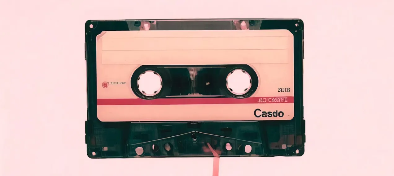 Retro audio cassette tape labeled Casdo with a red stripe on a pale pink background.