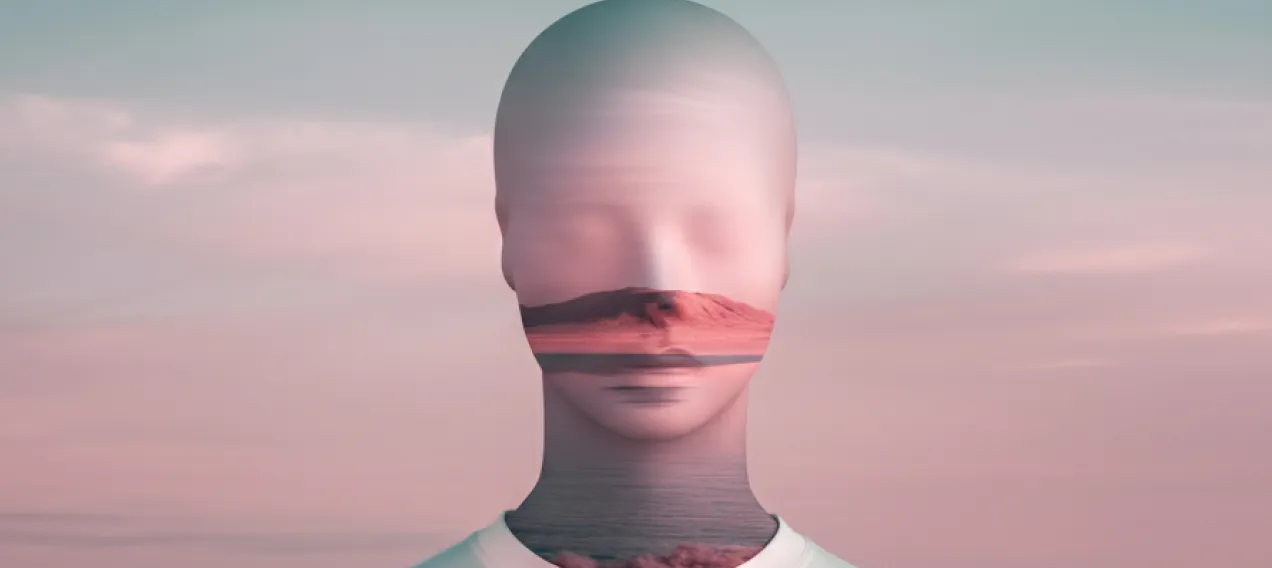 Surreal image of a faceless person with a desert landscape blended across their face and neck.