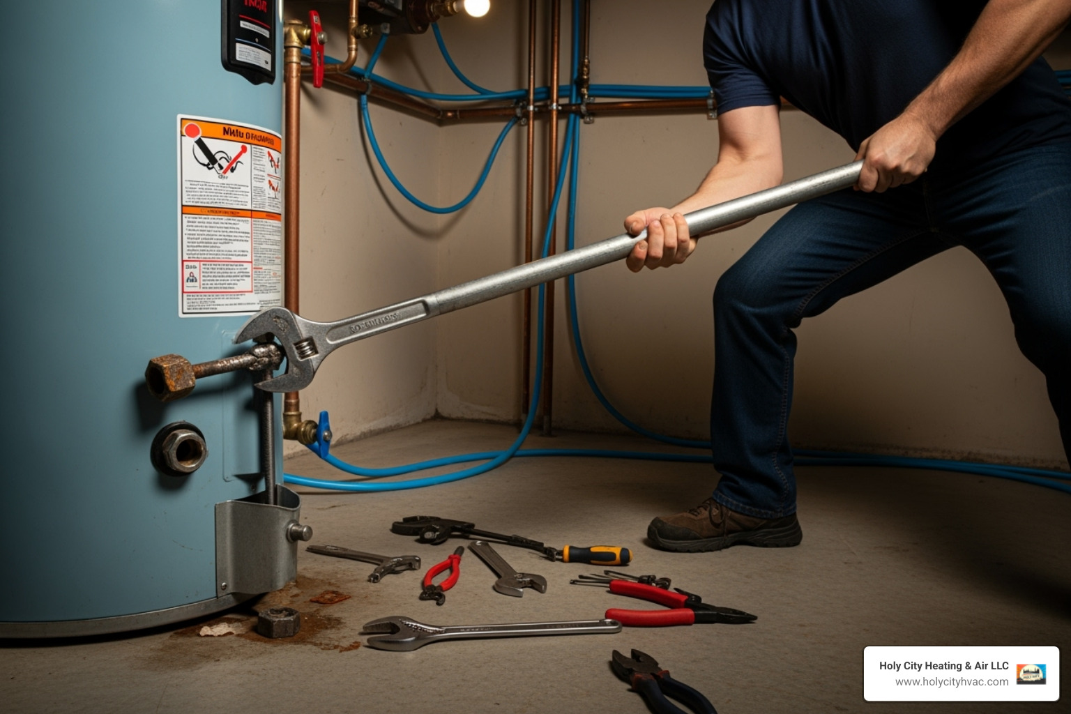 Image demonstrating using a breaker bar with a pipe for extra leverage on a stuck anode rod - replacing water heater anode rod Image demonstrating using a breaker bar with a pipe for extra leverage on a stuck anode rod - replacing water heater anode rod