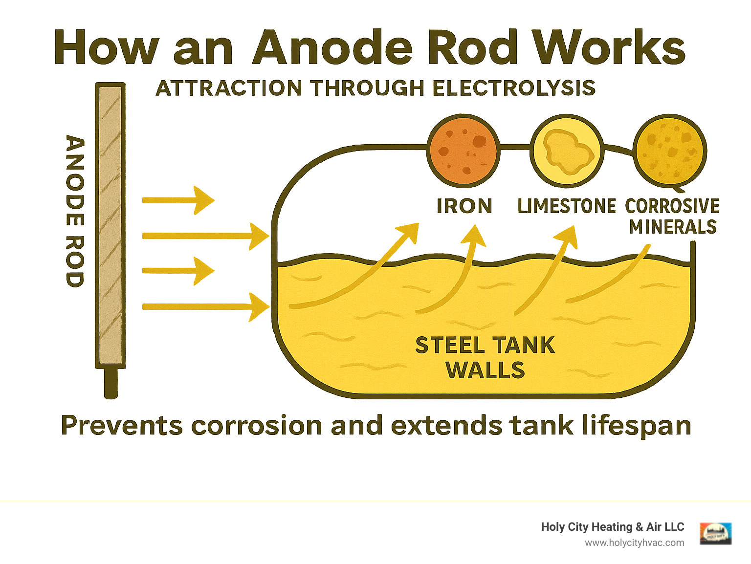 Infographic showing how an anode rod works through electrolysis to attract iron, limestone and other corrosive minerals from water, preventing them from attacking the steel water heater tank walls and extending the tank's lifespan - replacing water heater anode rod infographic Infographic showing how an anode rod works through electrolysis to attract iron, limestone and other corrosive minerals from water, preventing them from attacking the steel water heater tank walls and extending the tank's lifespan - replacing water heater anode rod infographic