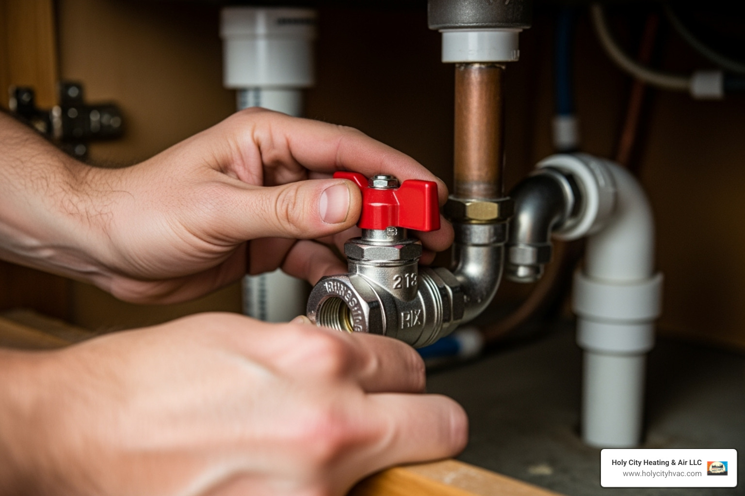 hands turning an under-sink shut-off valve - Leaky faucet fix hands turning an under-sink shut-off valve - Leaky faucet fix