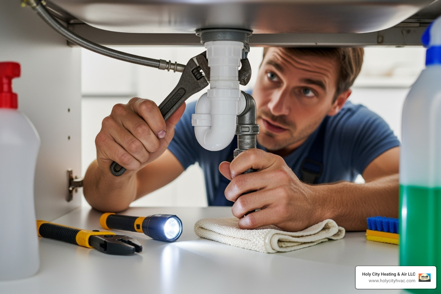 professional plumber working under a sink - Leaky faucet fix professional plumber working under a sink - Leaky faucet fix