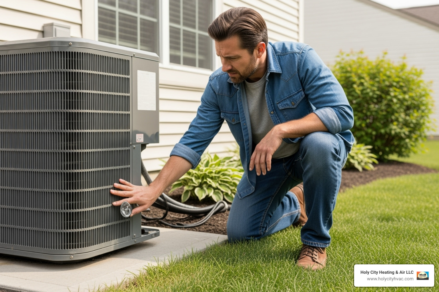 homeowner looking concerned at their AC unit - daikin air conditioner maintenance