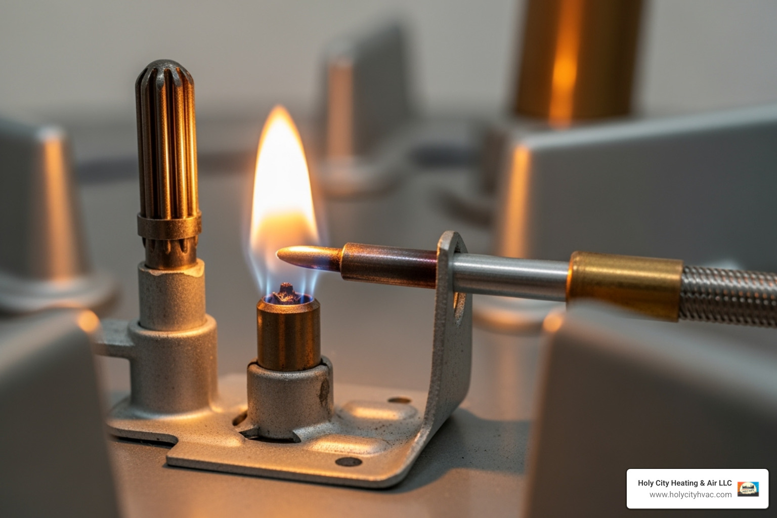 A close-up of a gas water heater's pilot light assembly, showing the thermocouple and gas tube.
