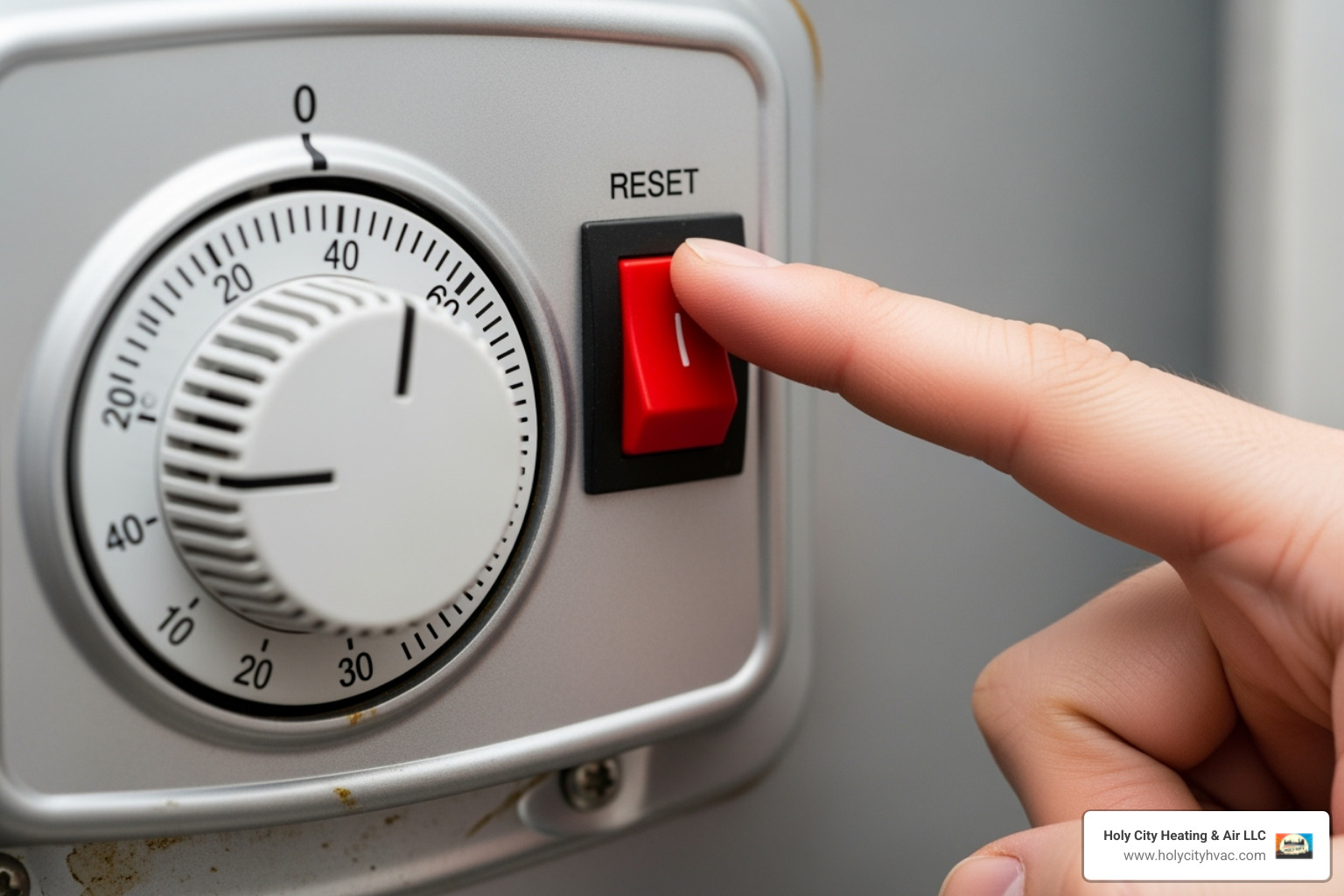 A close-up of an electric water heater's thermostat and reset button, with a hand pointing to the red reset button.