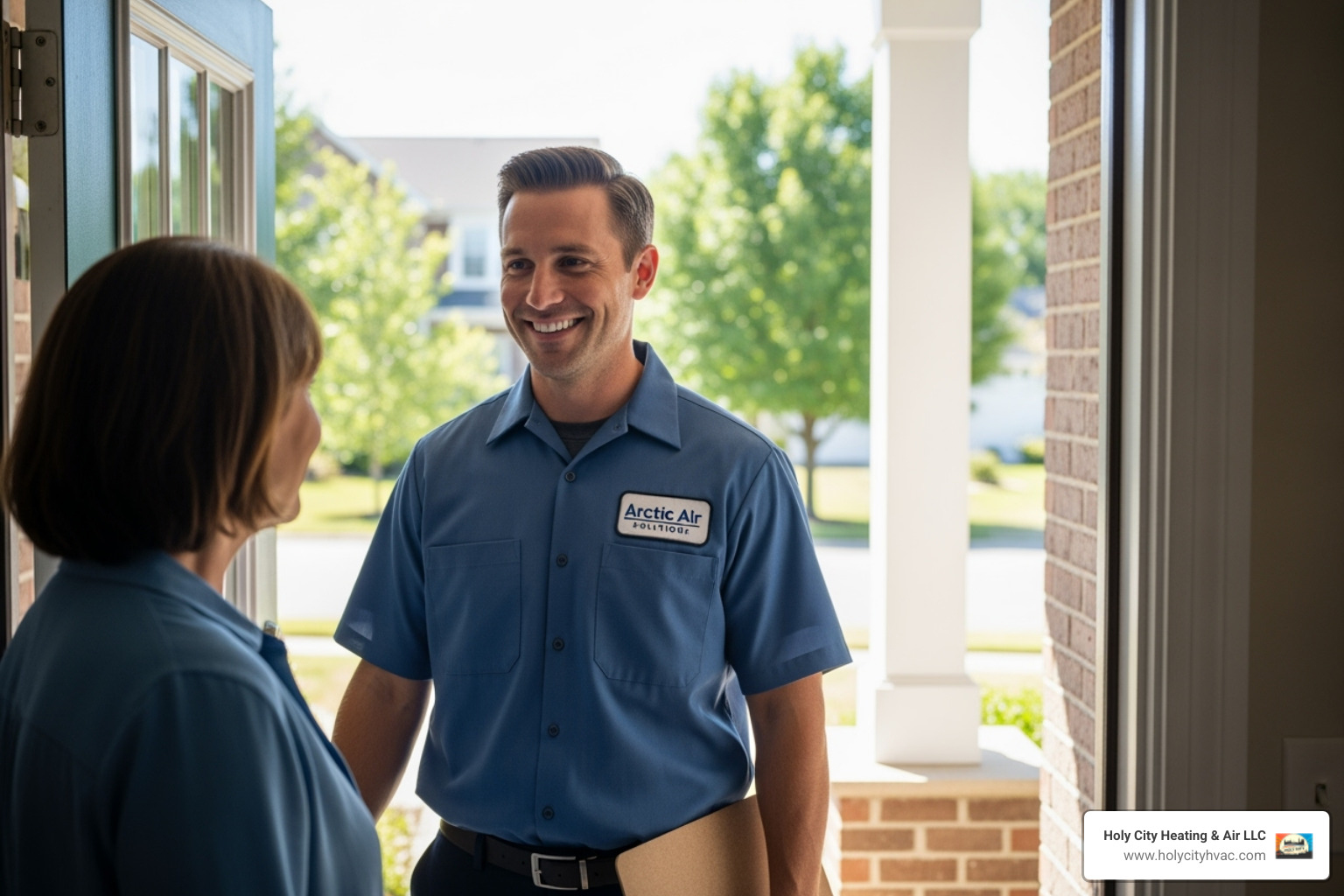 Professional, uniformed technician smiling at a homeowner's door - Home AC repair Charleston
