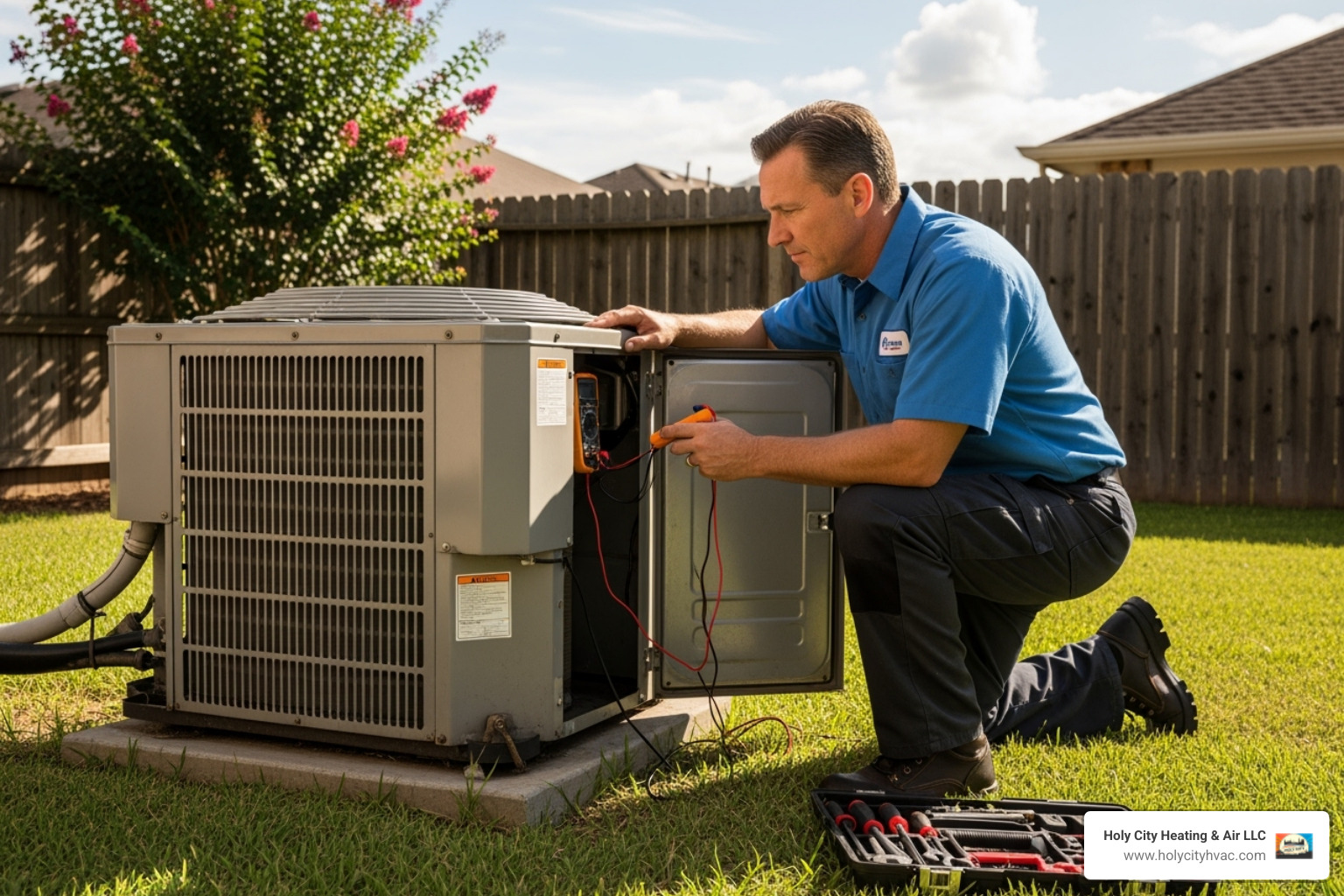 Technician inspecting an outdoor AC unit - Home AC repair Charleston