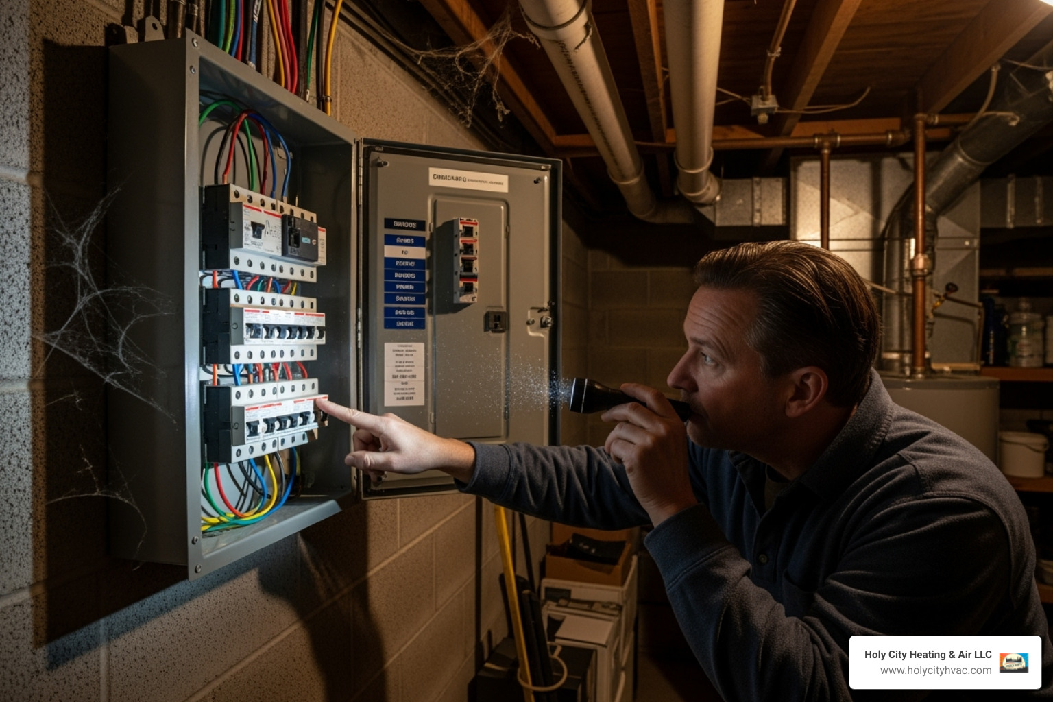 homeowner checking circuit breaker - emergency heater repair
