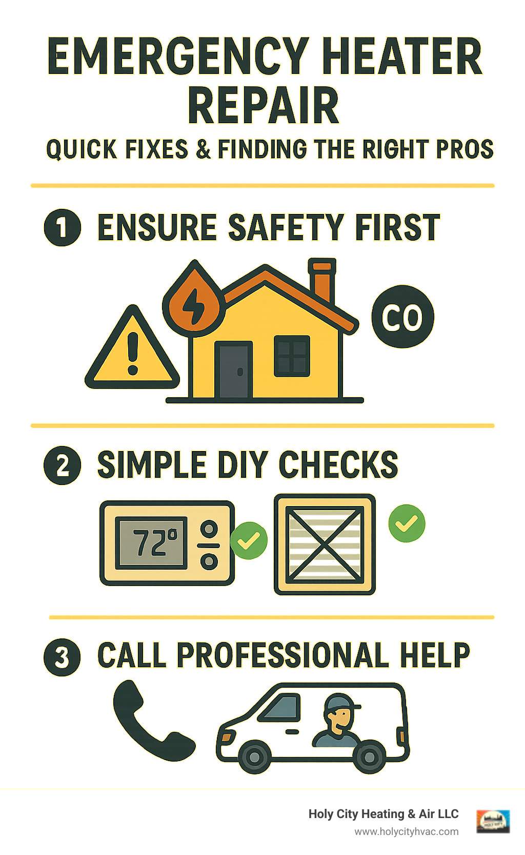 Infographic showing 3-step emergency heater repair process: Step 1 shows a house with warning symbols for gas leaks and CO detection labeled "Ensure Safety First", Step 2 shows a thermostat and air filter with checkmarks labeled "Simple DIY Checks", Step 3 shows a phone and technician van labeled "Call Professional Help" - emergency heater repair infographic 