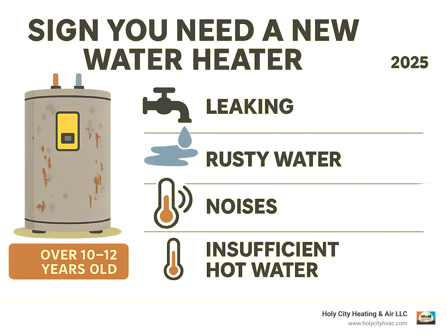 Infographic showing key signs you need a new water heater: water heater over 10-12 years old with rust and corrosion, puddles of water around the base indicating leaks, rusty or metallic-tasting hot water from the taps, strange noises like banging or groaning sounds, and insufficient hot water or water that doesn't stay hot long enough - hot water heater installation infographic 