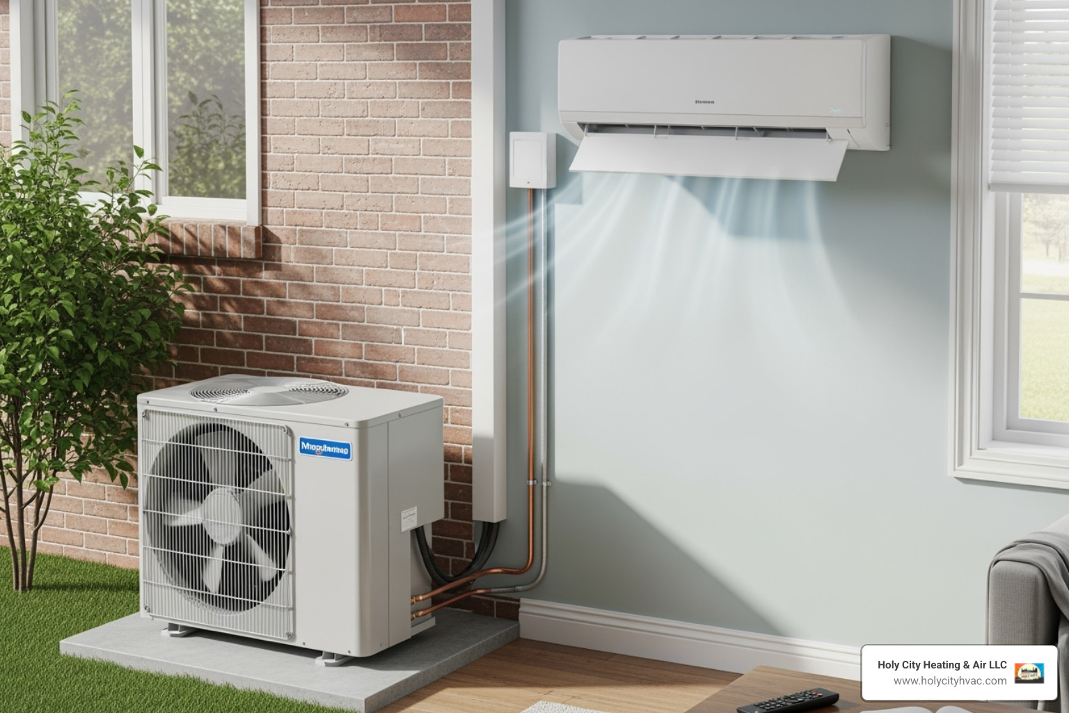split-system AC with outdoor condenser and indoor air handler shown - add central air to house