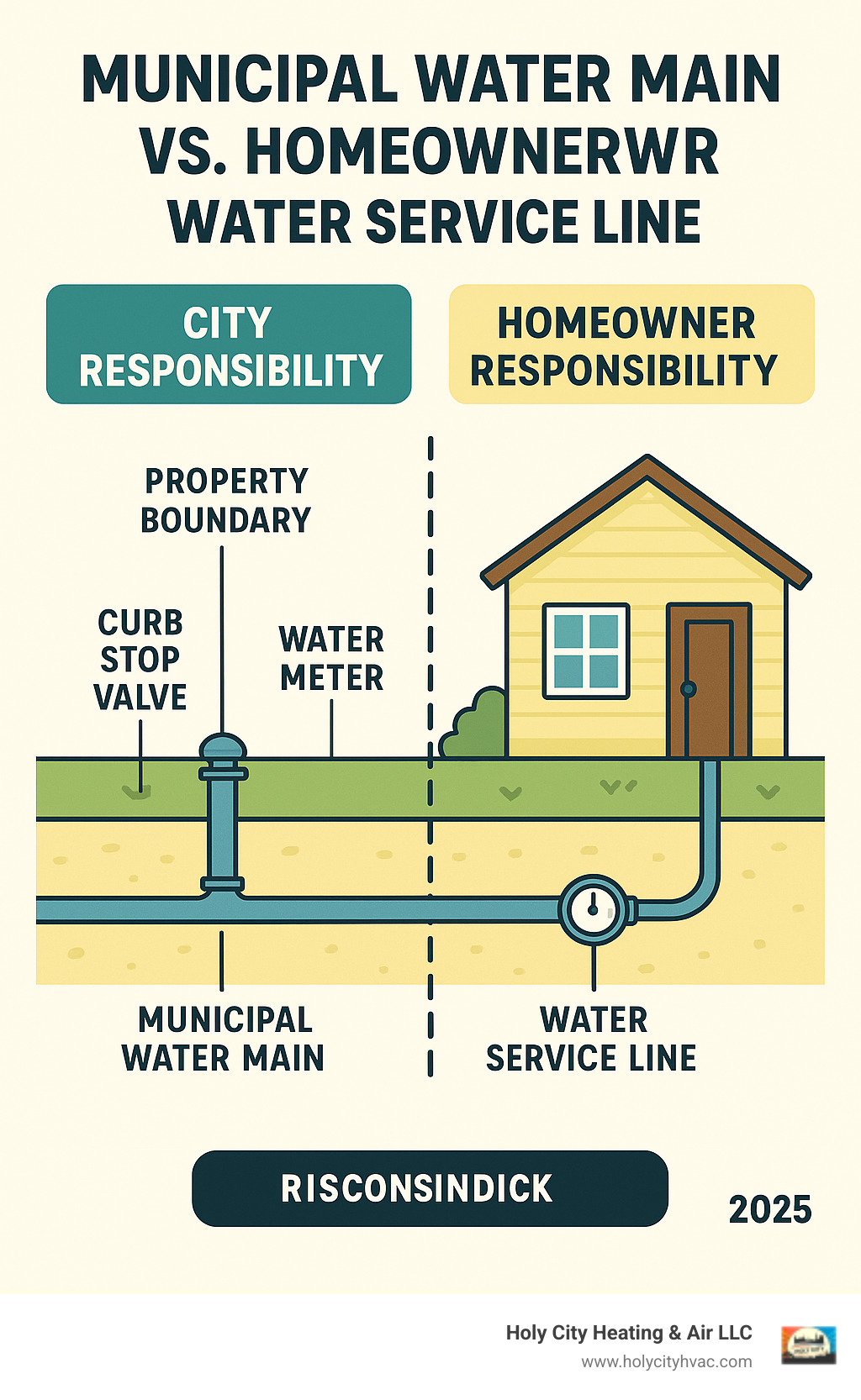 Detailed infographic showing the distinction between municipal water main responsibility and homeowner water service line responsibility, including property boundaries, curb stop valve location, water meter placement, and clear visual indicators of where city responsibility ends and homeowner responsibility begins - water main repair infographic 