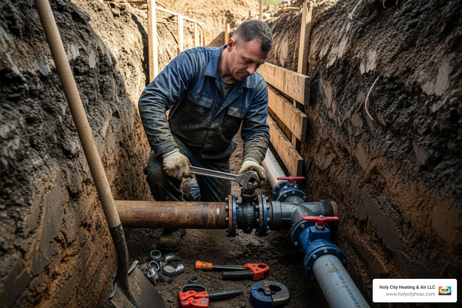 professional plumber in a trench - water main repair
