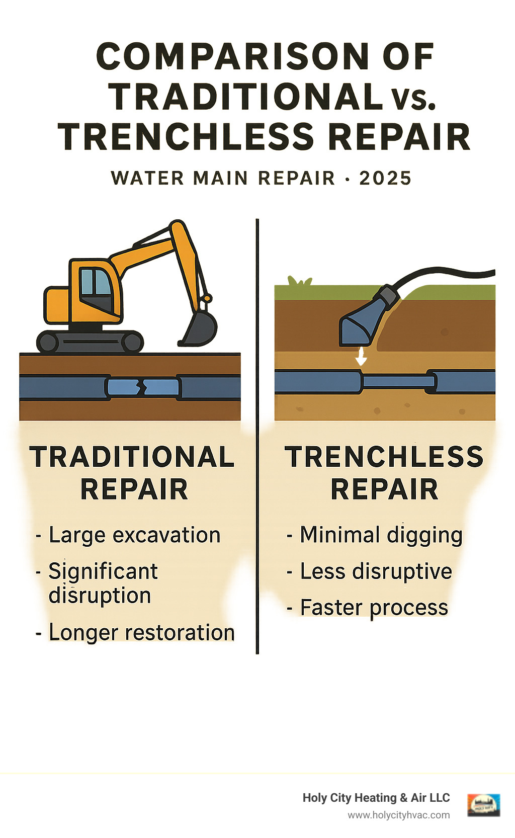 Comparison of Traditional vs. Trenchless Repair - water main repair infographic 