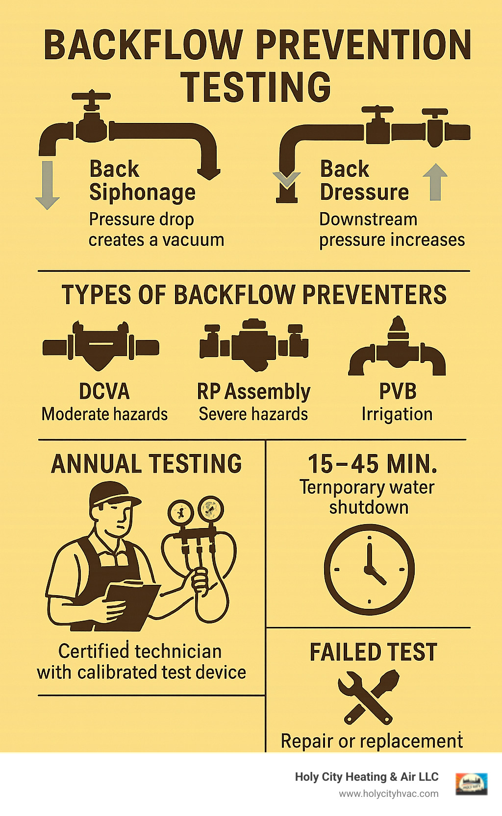 Comprehensive infographic showing the backflow prevention testing process, including: how back siphonage occurs when water pressure drops creating vacuum effect, how back pressure happens when downstream pressure exceeds supply pressure, the three main types of backflow preventers (DCVA for moderate hazards, RP assembly for severe hazards, PVB for irrigation), annual testing requirements with certified technician using calibrated test equipment, typical 15-45 minute testing duration with temporary water shutdown, and consequences of failed tests requiring immediate repair or replacement - backflow prevention testing infographic 