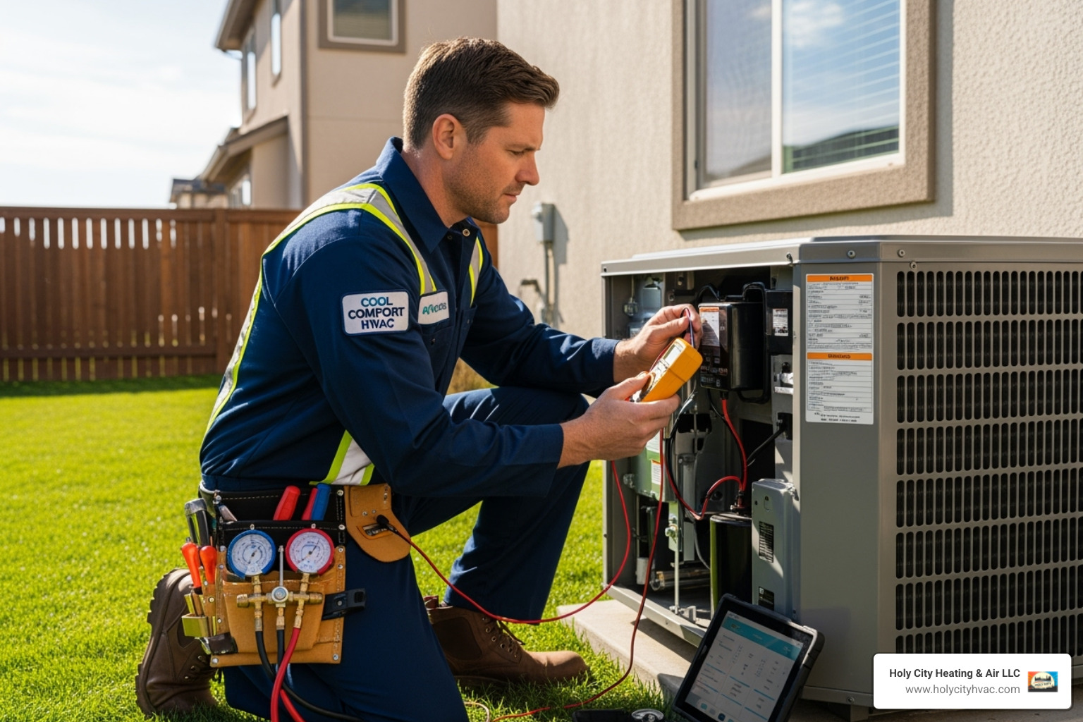 Technician diagnosing an outdoor AC unit - hvac services near me