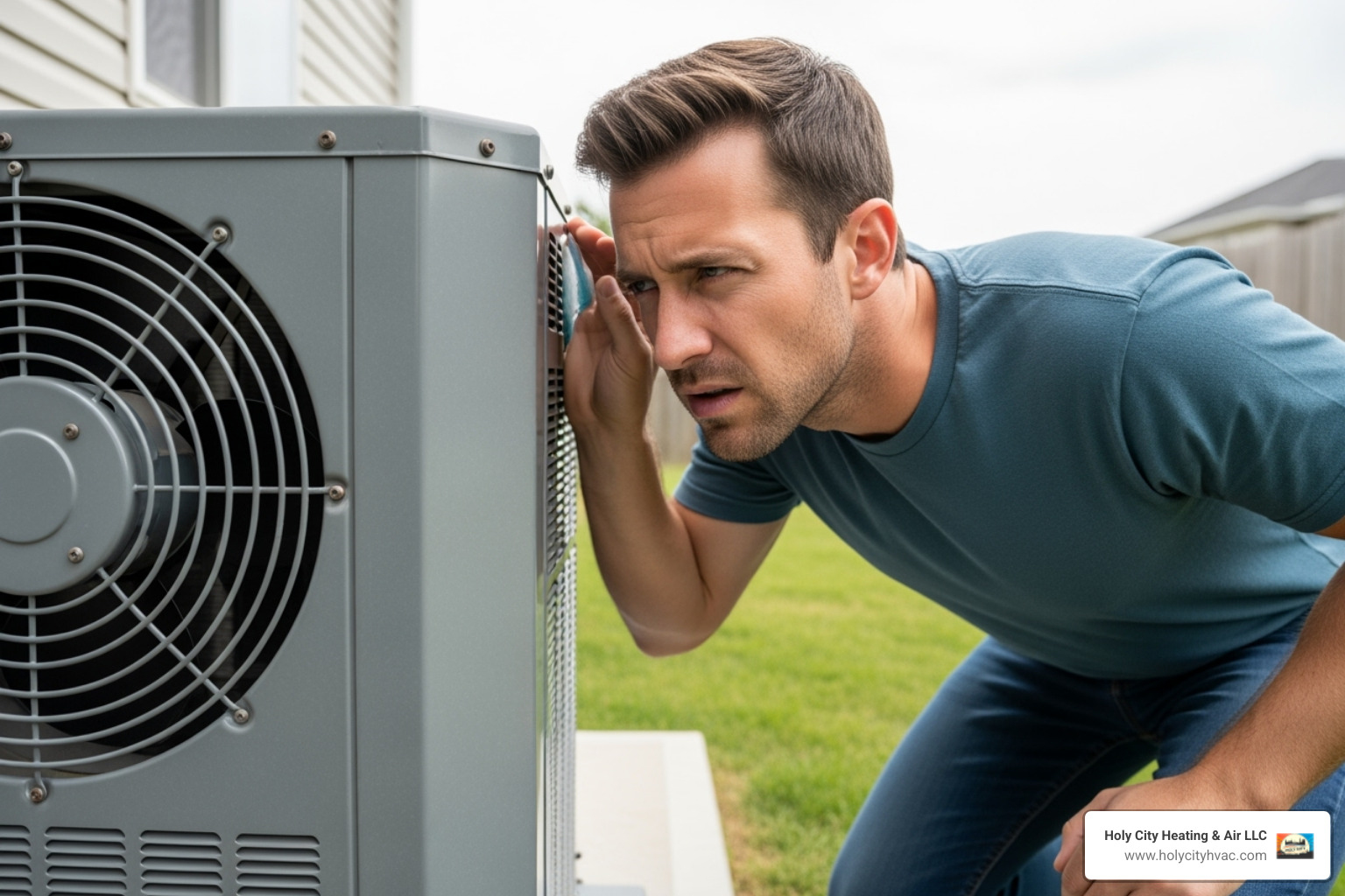 Homeowner listening to a noisy AC unit - charleston air conditioning repair