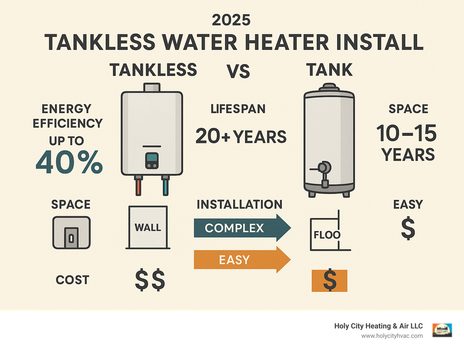 Comprehensive comparison infographic showing tankless vs tank water heater differences including energy efficiency percentages, lifespan comparison, space requirements, installation complexity, and cost breakdown - tankless water heater install infographic 
