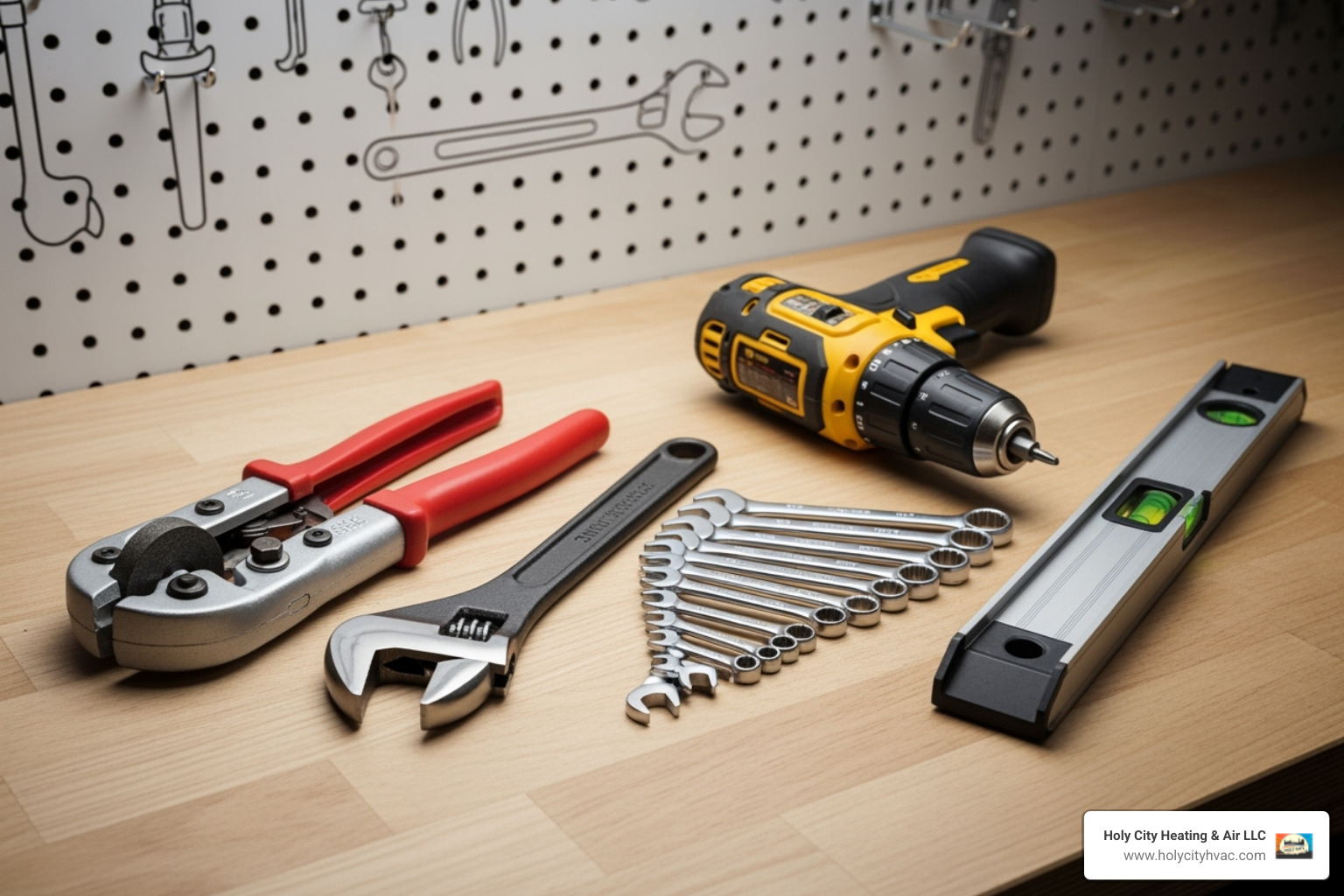 necessary tools like pipe cutters, wrenches, drill, and level laid out - tankless water heater install