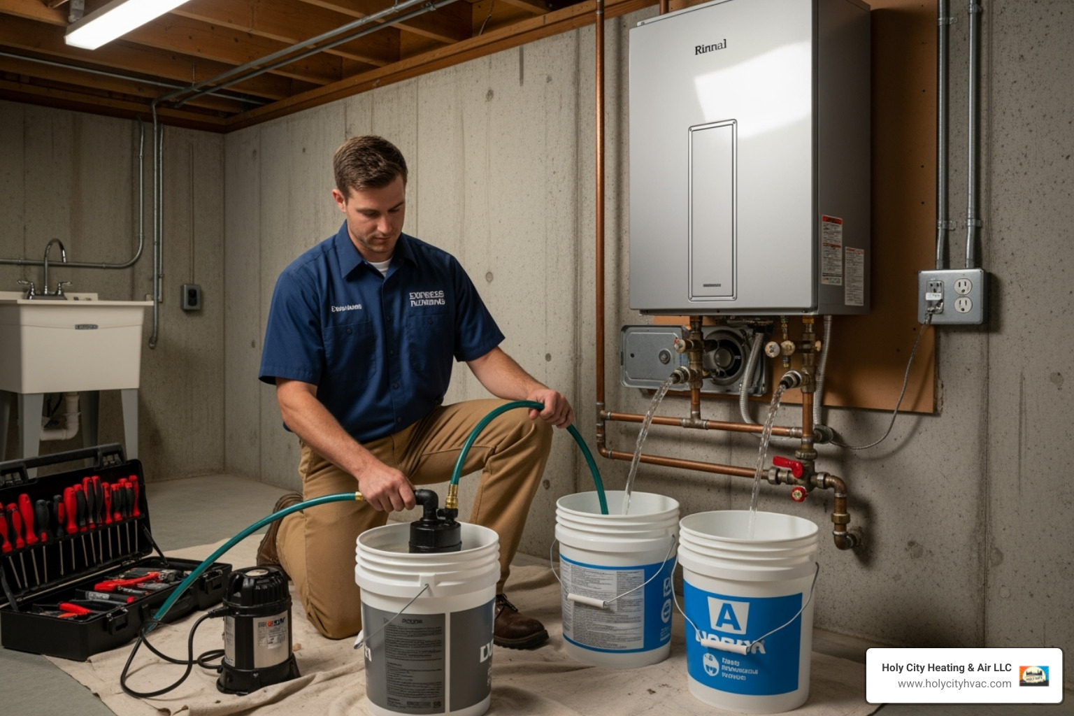 a technician flushing a tankless water heater - tankless water heater install