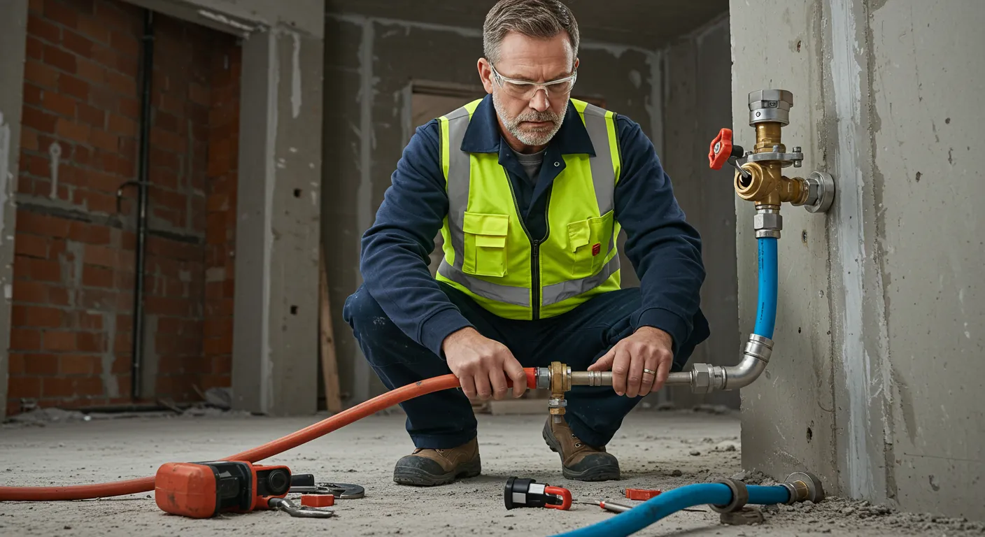 A worker wearing a safety vest is connecting plumbing pipes in a building under construction