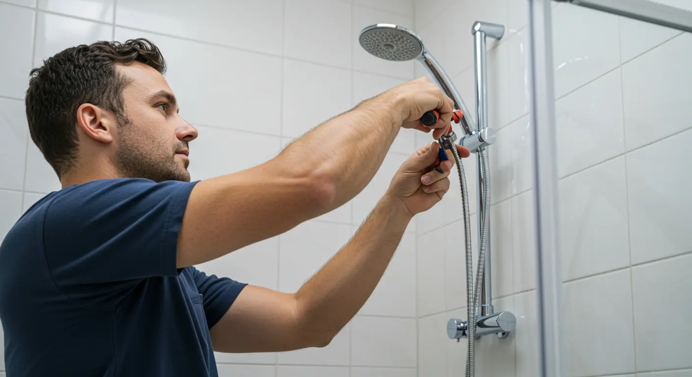 Man with brown hair in a blue shirt using a wrench adjusting a shower head in a tiled bathroom