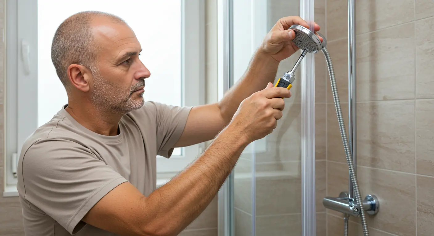 A bald man in a beige shirt using a wrench adjusting a shower head in a tiled bathroom