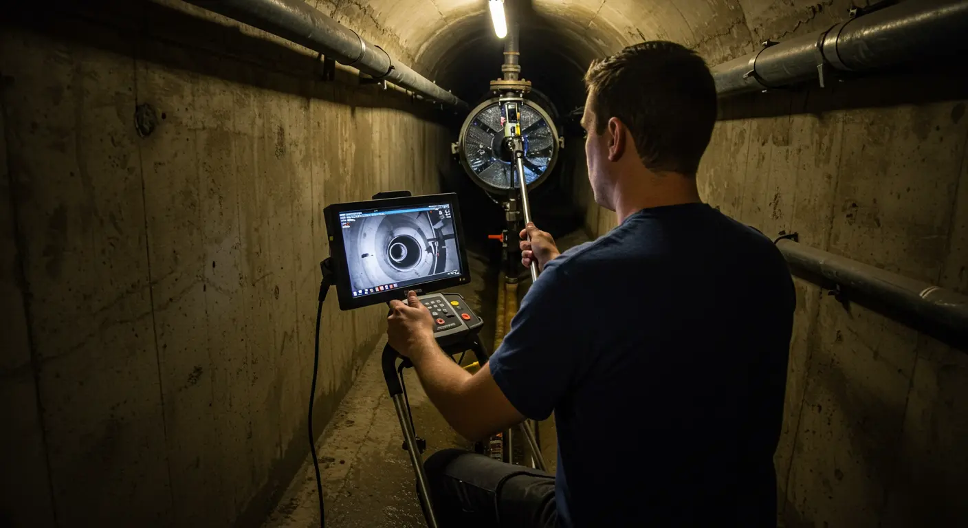 A technician inspects pipes with a camera and a screen