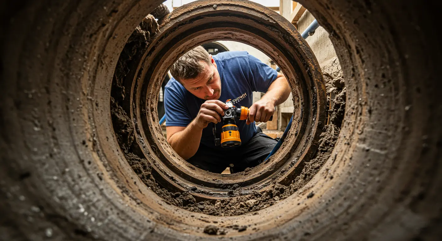 A technician inspects a pipe from a manhole cover