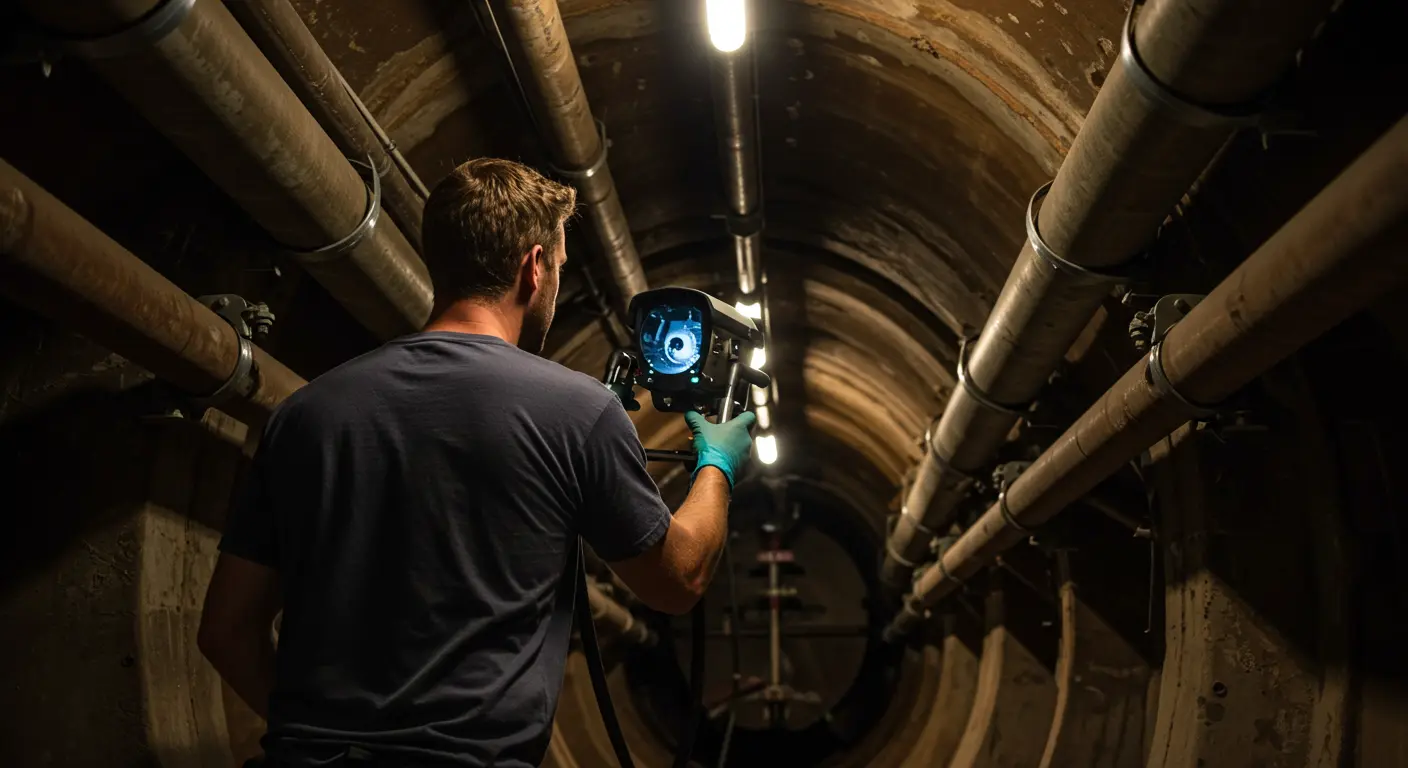 A technician operates a camera on a pole inside a pipe