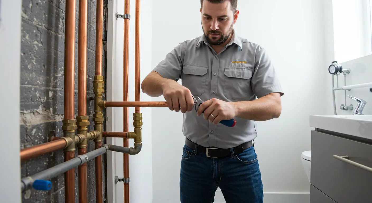 A plumber works on copper pipes in a bathroom